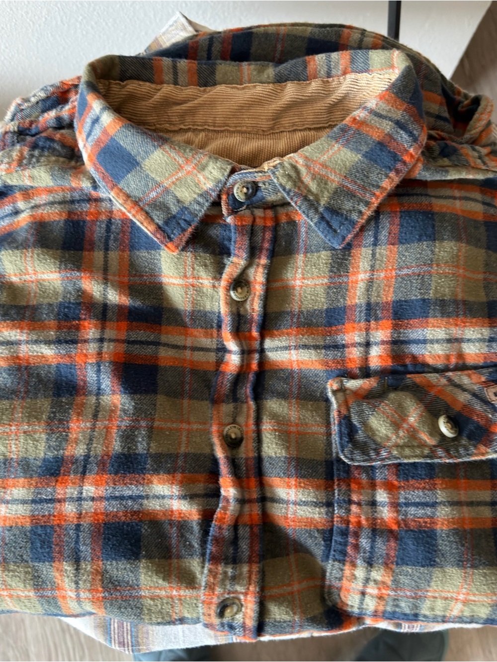 Men's Plaid Flannel Shirt with Orange Accents